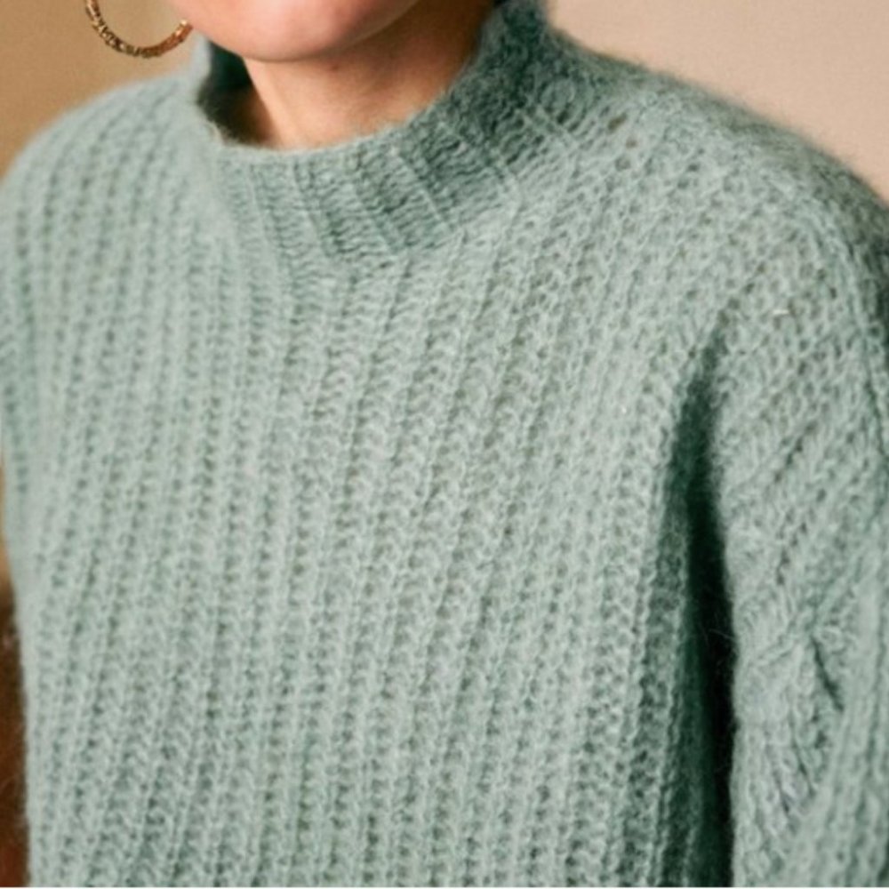 SEZANE Olric jumper sweater Alpaga Balloon Sleeves in Almond Green size S Small - Picture 2 of 9